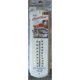 Chevy metal thermometer in original packing. 44 x 13cm.