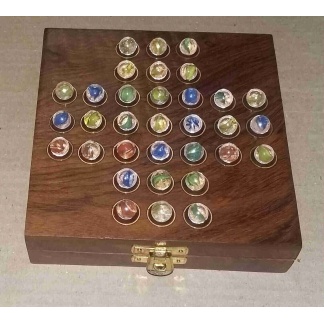 Solo Game, Rosewood & Brass Box with Glass Marbles.