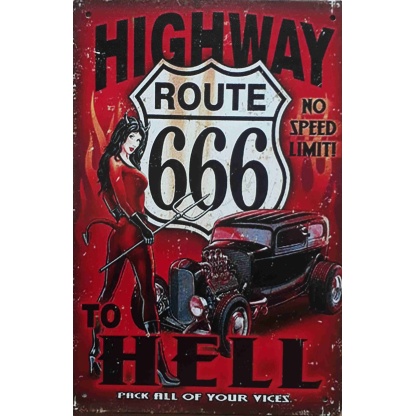 Route 66 highway to hell metal sign