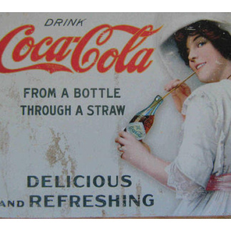 Coca-Cola through a straw metal sign. 40 x 32cm.
