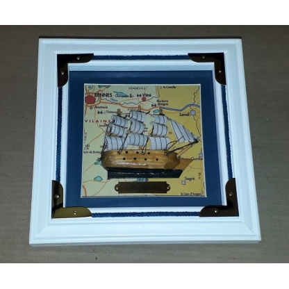 Mayflower model ship in a boxed frame