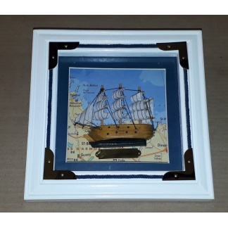 Mayflower model ship in a boxed frame