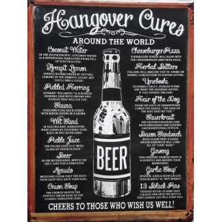 Hangover Cures around the world. Beer metal sign