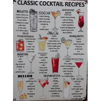 Classic cocktail recipes metal sign