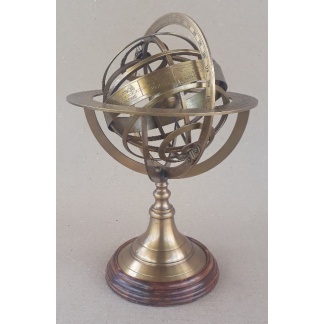 Armillary Sphere in Antique Brass with Polished Wooden Base