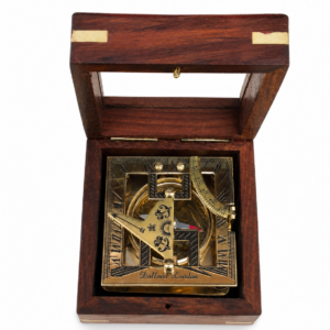 Brass Sundial Compass In A Wooden Glass Box