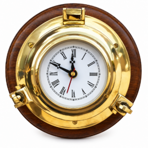 Decorative Brass Porthole Clock on a Solid Wooden Base
